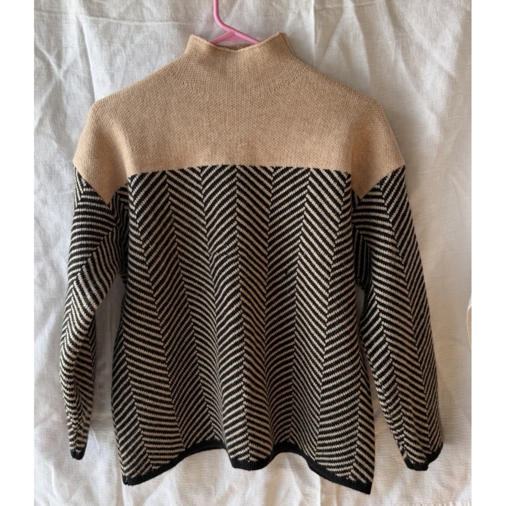 Herringbone Color‎ Block Sweater Tan Black Mock Neck Pullover Cozy